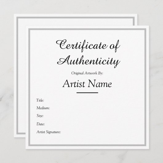 Aangepast vierkant zilver certificaat van echtheid bedankkaart (Voorkant / Achterkant)