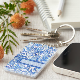 Aangepast Vintage Blauw Wit Bloemmotief Paisley Pa Sleutelhanger