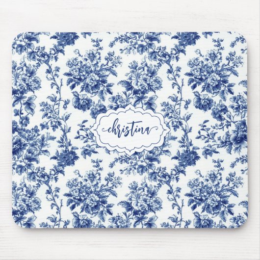 Aangepast Vintage Bloemendessin Marineblauwe Toile Muismat (Voorkant)