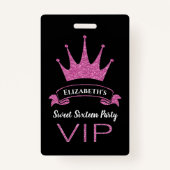 Aangepast VIP Roze Glitter Girly Sweet Sixteen Badge (Voorkant)
