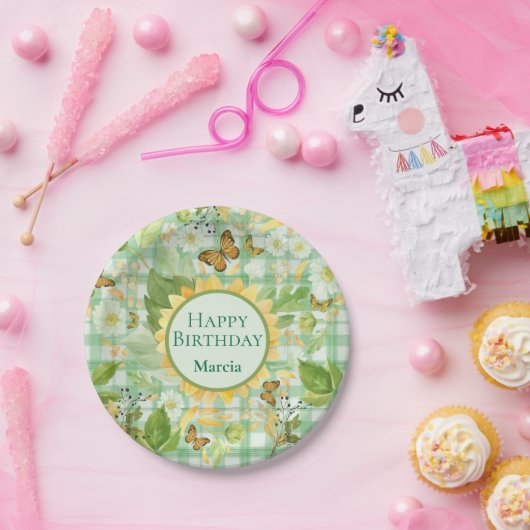 Aangepast vogeldaggroene Gingham Sunflower Butterf Papieren Bordje (Feest)