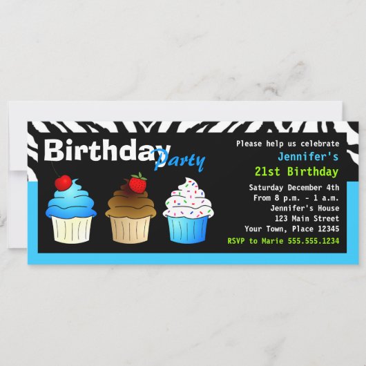 Aangepast vogelfeest Aqua Blue-Zebra - Cupcakes Kaart (Voorkant)