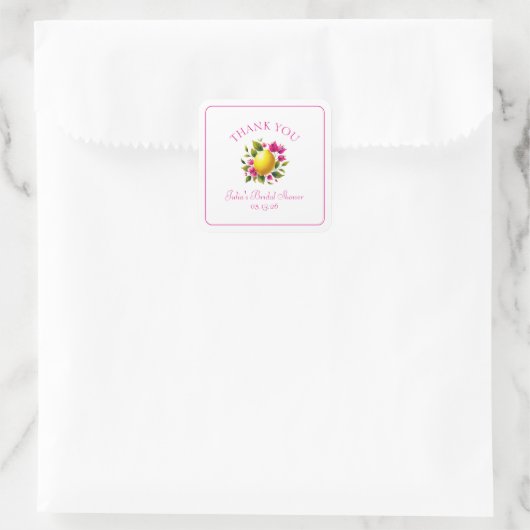 Aangepast Vrijgezellenfeest Lemon Pink Floral Dank Vierkante Sticker (Tas)
