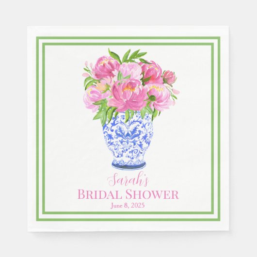 Aangepast Vrijgezellenfeest Roze Pioenen Chinoseri Servet (Voorkant)