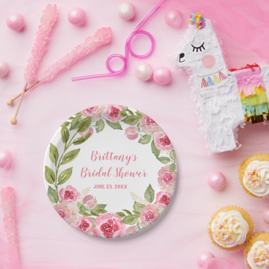 Aangepast Vrijgezellenfeest Wilde Roze Roses Green Papieren Bordje (Feest)