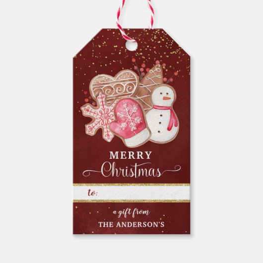 Aangepast, Vrolijk Kerstfeest, Rood en Goud, Cooki Cadeaulabel (Voorkant)