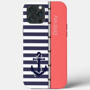 Aangepast vun Navy Blue White Stripe Coral Blush P iPhone 13 Pro Max Hoesje