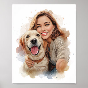 Aangepast watercolor huisdier & eigenaar portret v poster
