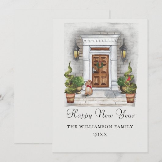 Aangepast Waterverf huis en hond nieuwjaar Feestdagenkaart (Voorkant / Achterkant)