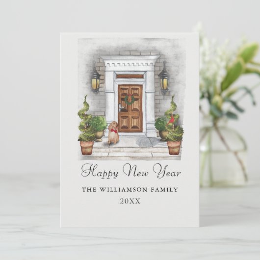 Aangepast Waterverf huis en hond nieuwjaar Feestdagenkaart (Staand voorkant)