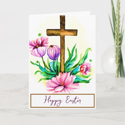 Aangepast waterverf kruis- en roze lotus Pasen Feestdagen Kaart (Voorkant)