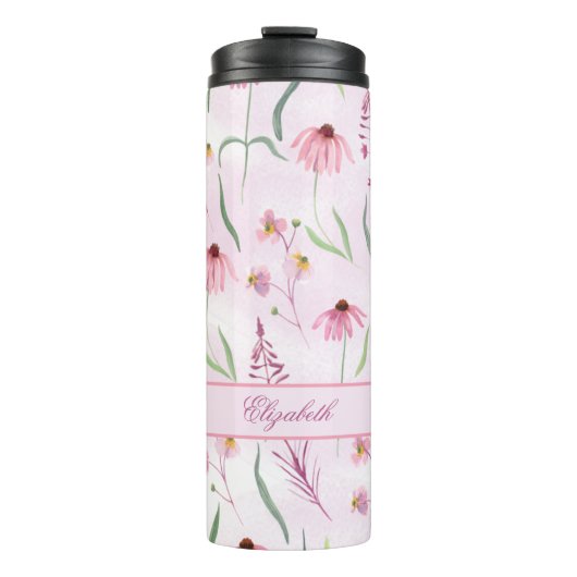 Aangepast Waterverf Roze Wilde Bloem Patroon Thermosbeker (Voorkant)