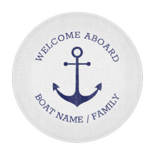 Aangepast welkom aan boord: nautisch anker blauw w snijplank