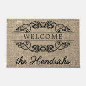 Aangepast welkom Antiek Floral Scroll Faux Burlap Deurmat (Voorkant)