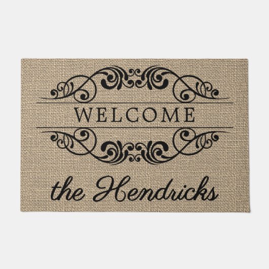 Aangepast welkom Antiek Floral Scroll Faux Burlap Deurmat (Voorkant)