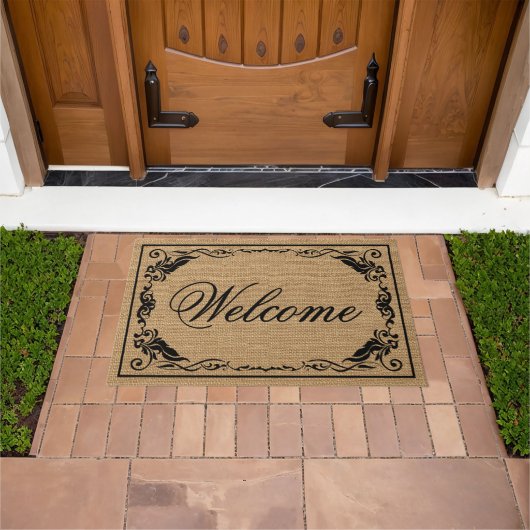 Aangepast welkom Antiek Floral Scroll Faux Burlap Deurmat (Buiten)