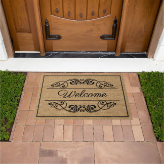 Aangepast welkom Antiek Floral Scroll Faux Burlap Deurmat