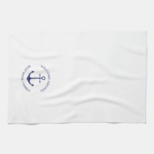 Aangepast welkomstwoord aan boord van blauw marine theedoek (Horizontaal)