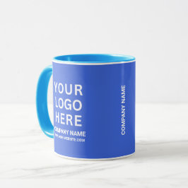 Aangepast wit bedrijfslogo op een zakelijk blauw v mok