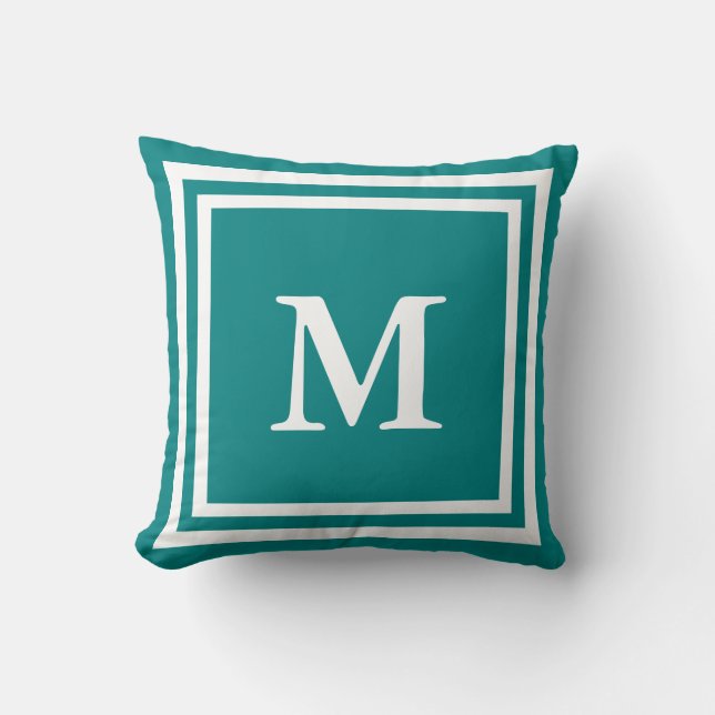 Aangepast wit monogram op Blauwgroen Kussen (Voorkant)