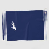 Aangepast wit paard en drie strips op marineblauw golfhanddoek (Horizontaal)