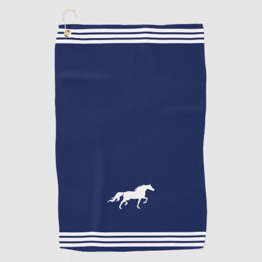 Aangepast wit paard en drie strips op marineblauw golfhanddoek (Voorkant)