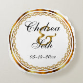 Aangepast witje en gouden bruiloft rond kussen (Voorkant)