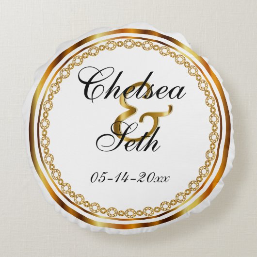 Aangepast witje en gouden bruiloft rond kussen (Achterkant)