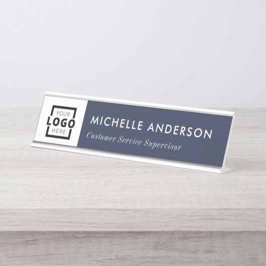 Aangepast zakelijk Logo Modern medewerker Blauw Bureau Naambordje (Voorkant)
