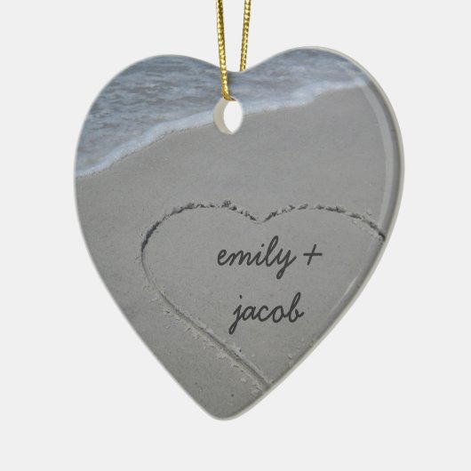 Aangepast zand hart onze eerste kerstversiering keramisch ornament (Links)