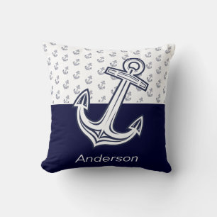 Aangepast zeeblauw zeeoranje zeeanker kussen