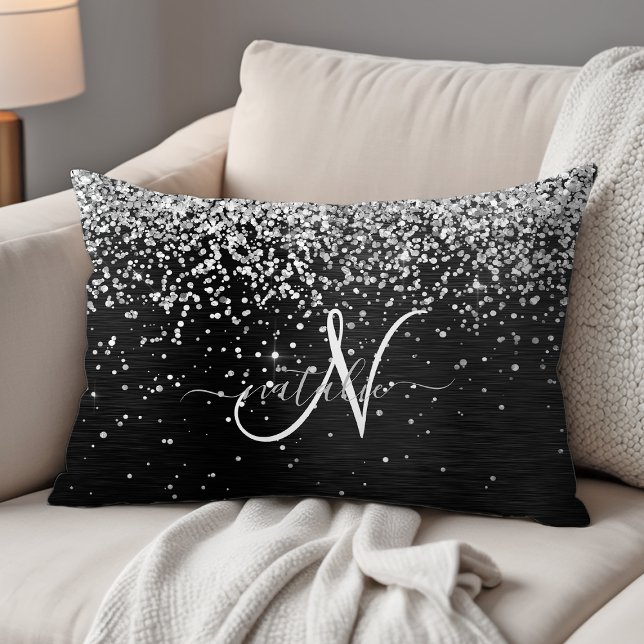 Aangepast zilveren glitter-zwart monogram accent kussen (Creator heeft geüpload)