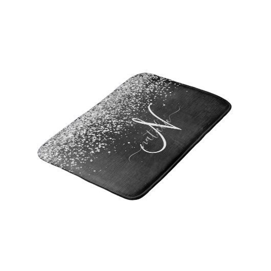 Aangepast zilveren glitter-zwart monogram badmat (Gekanteld)