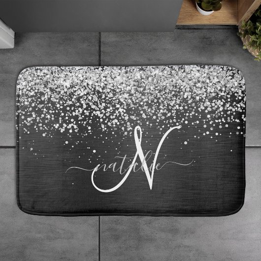 Aangepast zilveren glitter-zwart monogram badmat