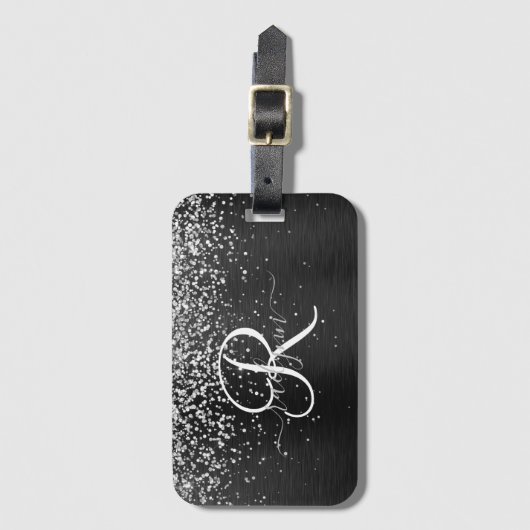 Aangepast zilveren glitter-zwart monogram bagagelabel (Voorkant (verticaal))