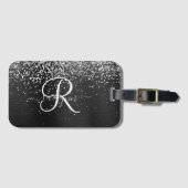 Aangepast zilveren glitter-zwart monogram bagagelabel (Voorkant (horizontaal))