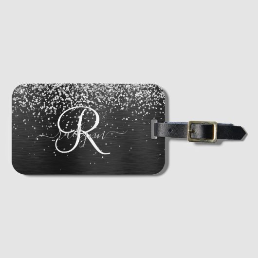 Aangepast zilveren glitter-zwart monogram bagagelabel (Voorkant (horizontaal))