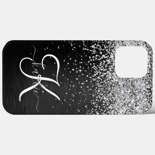 Aangepast zilveren glitter-zwart monogram Case-Mate iPhone case (Achterkant (horizontaal))