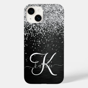 Aangepast zilveren glitter-zwart monogram Case-Mate iPhone 14 hoesje