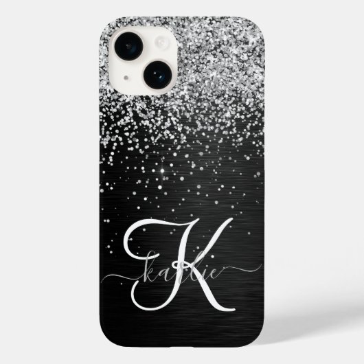 Aangepast zilveren glitter-zwart monogram Case-Mate iPhone case (Achterkant)