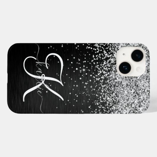Aangepast zilveren glitter-zwart monogram Case-Mate iPhone case (Achterkant (horizontaal))