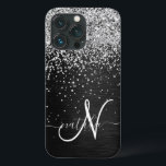 Aangepast zilveren glitter-zwart monogram Case-Mate iPhone case<br><div class="desc">Pas dit trendy elegante telefoondoosontwerp eenvoudig aan met  zilveren mousserende glitter op een zwarte geborstelde metalen achtergrond.</div>