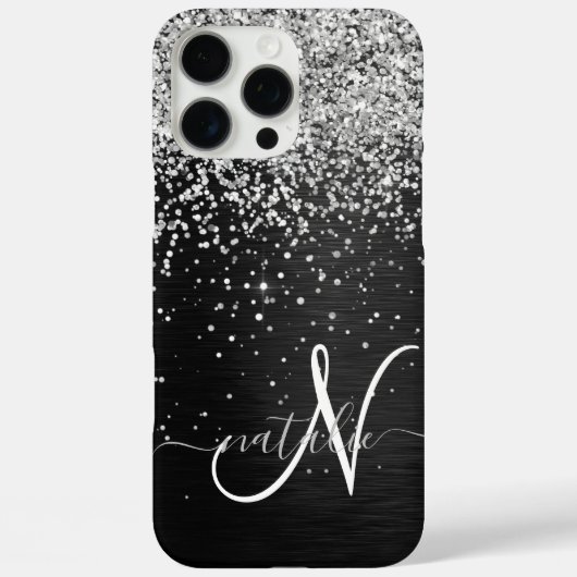 Aangepast zilveren glitter-zwart monogram Case-Mate iPhone case (Achterkant)