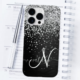Aangepast zilveren glitter-zwart monogram Case-Mate iPhone 14 pro max hoesje