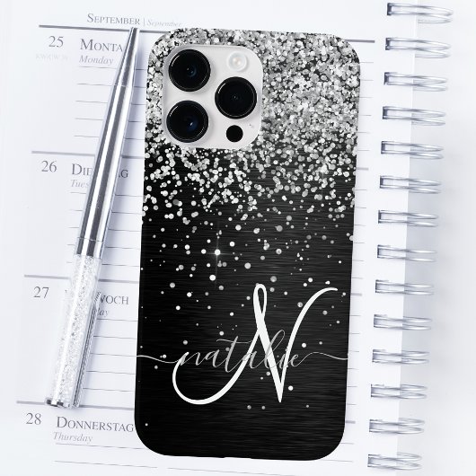 Aangepast zilveren glitter-zwart monogram Case-Mate iPhone case
