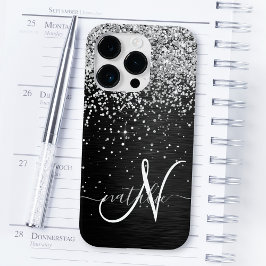 Aangepast zilveren glitter-zwart monogram Case-Mate iPhone 14 pro hoesje