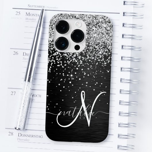 Aangepast zilveren glitter-zwart monogram Case-Mate iPhone case