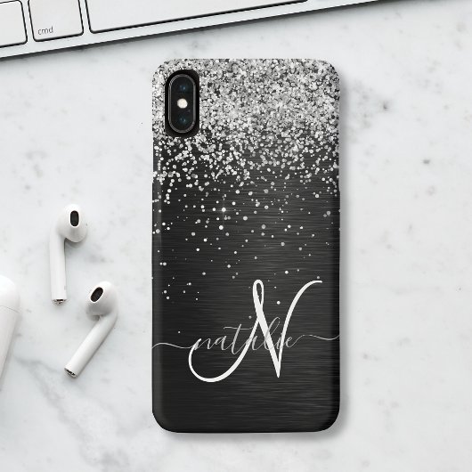 Aangepast zilveren glitter-zwart monogram Case-Mate iPhone case