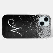 Aangepast zilveren glitter-zwart monogram Case-Mate iPhone case (Achterkant (horizontaal))