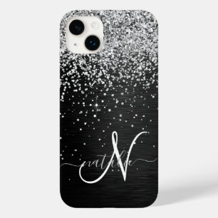Aangepast zilveren glitter-zwart monogram Case-Mate iPhone 14 plus hoesje